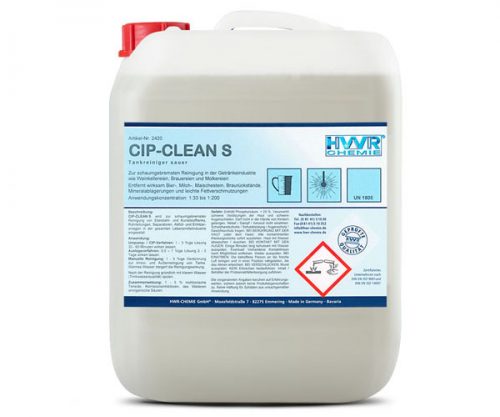 Tankreiniger sauer CIP-CLEAN S ist ein saurer Tankreiniger zur chlor- und schaumfreien Reinigung in der Getränkeindustrie wie Weinkellereien, Brauereien, Molkereien, für Tanks, Anlagen, Leitungen und Separatoren einsetzbar. Geeignet für Oberflächen aus Edelstahl, Keramik und Kunststoff.