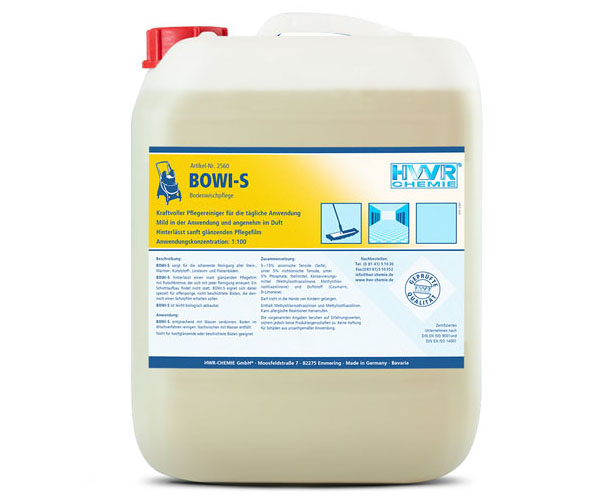 Bodenwischpflege  BOWI-S ist die Bodenwischpflege für die schonende Reinigung Ihrer Böden. Geeignet für Stein-, Marmor-, Fliesen- und Kunststoffböden. Hinterlässt einen sanft glänzenden, rutschfesten Pflegefilm. Mild in der Anwendung und angenehm im Duft.