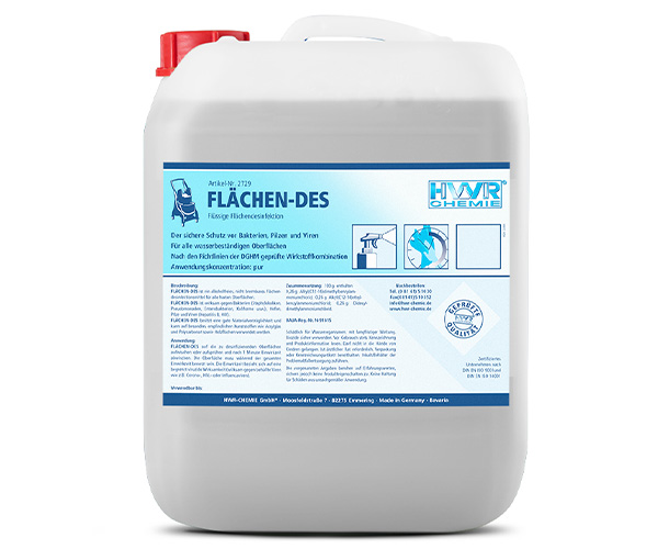 anwendungsfertige Flächendesinfektion - FLÄCHEN-DES ist eine alkoholfreie, nicht brennbare Flächendesinfektion für alle wasserbeständigen Oberflächen.