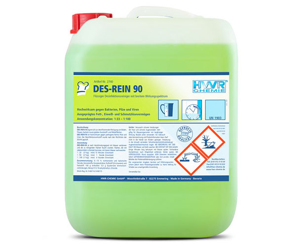 Desinfektionsreiniger - DES-REIN 90 ist der wirksame Desinfektionsreiniger gegen Bakterien, Pilze und Viren. Er besitzt ein ausgeprägtes Fett-, Eiweiß- und Schmutzlösevermögen.
