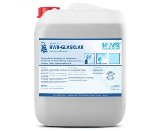 HWR-GLASKLAR ist ein gebrauchsfertige Glasreiniger mit Bio-Alkohol für alle glatten Flächen. Verschmutzungen werden schnell und vollständig entfernt, hemmt durch antistatische Wirkung die Neuverschmutzung, gereinigte Flächen trocknen streifenfrei ab.