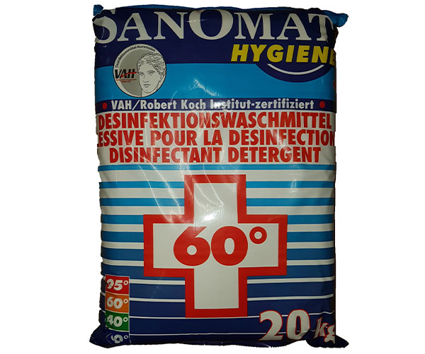 SANOMAT Hygiene ist das RKI und VAH-gelistete phosphatfreie Desinfektionswaschmittel zur chemothermischen Wäschedesinfektion.