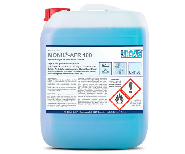 Fassadenreinigungsmittel MONIL-AFR 100 ist der kraftvolle Alkoholreiniger für Metallfassaden aus Aluminium und Eloxal etc.