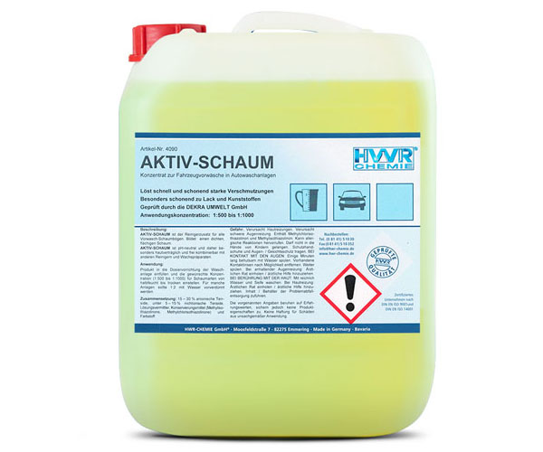 Fahrzeugvorwäsche AKTIV-SCHAUM ist die Fahrzeugvorwäsche für alle Vorwasch-Schaumbögen, ist pH-neutral - dadurch besonders schonend zu Lack und Kunststoff, frei kombinierbar mit anderen Reinigern und Wachspräparaten, geprüft und gelistet von der DEKRA Umwelt GmbH.