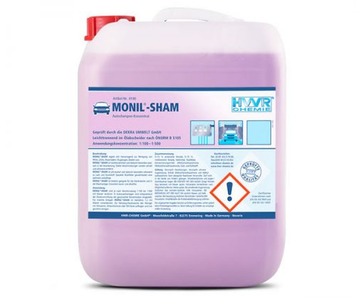 Autoshampoo MONIL®-SHAM ist das ideale Autoshampoo für alle Waschanlagen, ist pH-neutral - dadurch besonders schonend zu Lack und Kunststoff, hochkonzentriert - dadurch besonders sparsam in der Verarbeitung. Geprüft nach ÖNORM B 5105 und von der DEKRA-Umwelt GmbH.