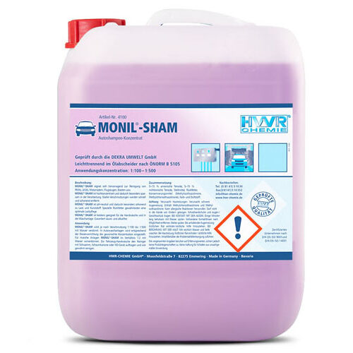 Autoshampoo MONIL®-SHAM ist das ideale Autoshampoo für alle Waschanlagen, ist pH-neutral - dadurch besonders schonend zu Lack und Kunststoff, hochkonzentriert - dadurch besonders sparsam in der Verarbeitung. Geprüft nach ÖNORM B 5105 und von der DEKRA-Umwelt GmbH.