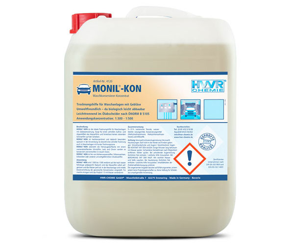 Waschkonservierer MONIL®-KON ist der ideale Waschkonservierer für Waschanlagen mit Gebläsetrocknung. Durch den Glanzeffekt erscheinen Fahrzeuge wie poliert, ein Schutzfilm konserviert auch beanspruchte Lacke.