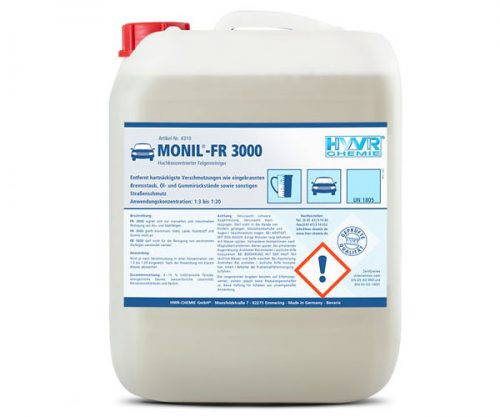 Felgenreiniger MONIL®-FR 3000 ist der kraftvolle Felgenreiniger zur Reinigung aller säurebeständigen Alu- und Stahlfelgen, Raddeckel etc.. Entfernt gründlich Ruß, Staub, Öl und Straßenschmutz, hartnäckige Verschmutzungen und eingebrannten Bremsstaub.