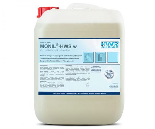 Werkstatt Seife MONIL-HWS w, die Flüssigseife für Industrie und Technik, hohe Reinigungskraft durch spezielle Inhaltsstoffe, frei von Lösungsmitteln, sehr hautfreundlich, für alle nachfüllbaren Flüssigspender geeignet.