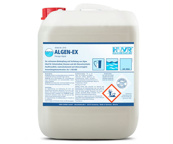 Algenvernichter ALGEN-EX ist der sichere Algenvernichter zur wirksamen und nachhaltigen Algenverhütung in Schwimmbädern und Zierbrunnen, in Autowaschstraßen und der Textilindustrie, in Kühlwasserkreisläufen und Lackierkabinen.