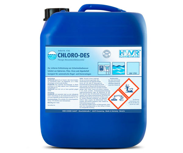 Chlordesinfektionn CHLORO-DES ist das unentbehrliche Wasserdesinfektionsmittel für hygienisch sauberes Schwimmbad- oder Brauchwasser. Schützt vor Bakterien, Viren, Pilze und Algenbildung und baut organische Verunreinigungen zuverlässig ab. Geeignet für vollautomatische Regel- und Dosieranlagen.
