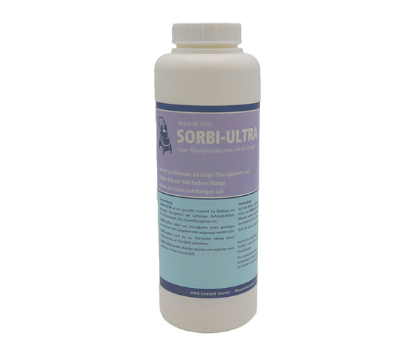 Flüssigkeitsabsorber SORBI-ULTRA ist ein spezieller Flüssigkeitsabsorber zur Bindung von wässrigen Flüssigkeiten wie Getränken, Nahrungsmitteln, Urin, Erbrochenem, Blut, Körperflüssigkeiten etc.