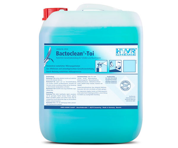 Geruchsvernichter Toilette Bactoclean®-Toi ist der Geruchsvernichter für Toiletten und Urinale. Natürliche Mikroorganismen bauen Urinstein und Harnsäure effektiv ab. Es verbleibt ein angenehmer, lang anhaltender Duft. Problemlos manuell wie vollautomatisch dosierbar.