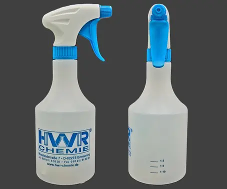 Handsprühflasche mit 0,5 Liter, wiederbefüllbar, chemikalienbeständig und robust. Für saure wie alkalische Reiniger geeignet.