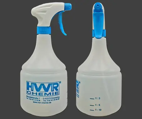 Wieder befüllbare, robuste Handsprühflasche mit 1 Liter Inhalt. Für saure wie alkalische Reiniger geeignet.